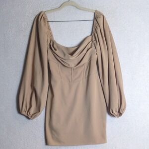 Princess Polly Junior's Tan Cowl Neck Bodycon Long Sleeve Mini Dress Size 4